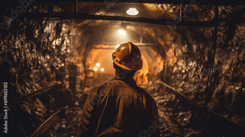 Miner working in underground mine, extracting valuable resources diligently. photo