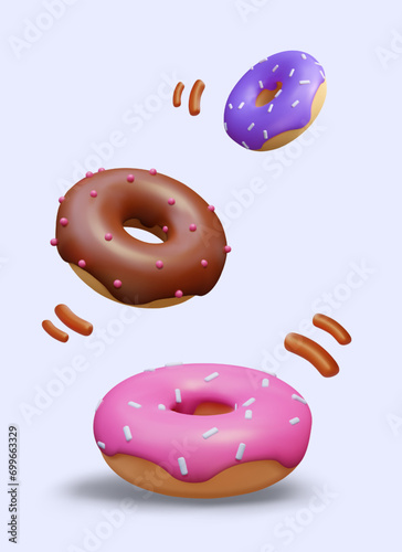 Vertical poster with different donuts with purple, chocolate, pink cream, and blue background. Vector illustration in 3d style for online shop selling sweets