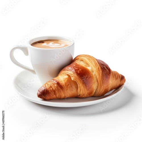 Cup of coffee with croissant isolated on white background