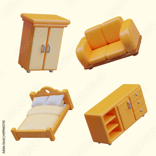 Collection with flying wardrobe, bed with blanket and pillows, closet, and soft sofa on yellow background. Furniture set for comfort living. Vector illustration in 3d style