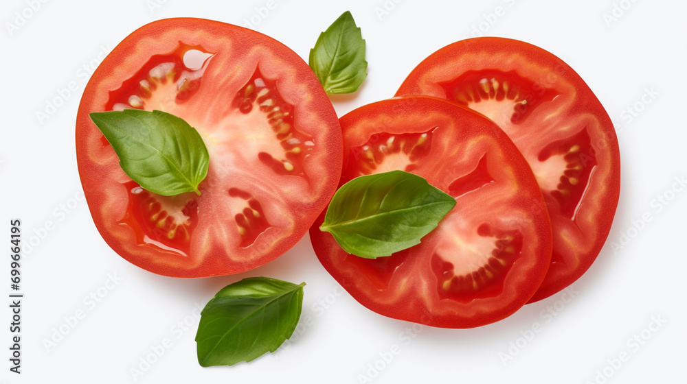 Tomato slices with basil and peppercorns isolated on white background. Clipping path. Generative AI Tomato slices with basil and peppercorns isolated on white background. Clipping path. Generative AI