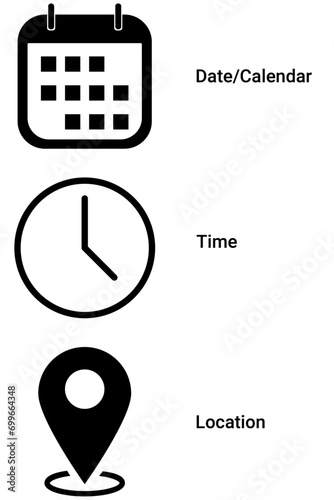 time, adress, calendar, and date icon isolated on white bg