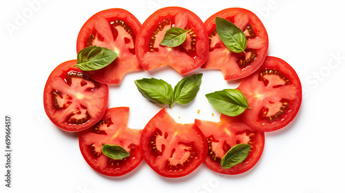 Tomato slices with basil and peppercorns isolated on white background. Clipping path. Generative AI