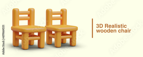Composition with realistic two wooden chairs. Cartoon furniture for home or online game. Vector illustration in 3d style with place for text and yellow background