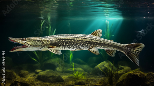This spectacular Alligator gar (Atractosteus spatula) swims in the freshwater. Generative AI