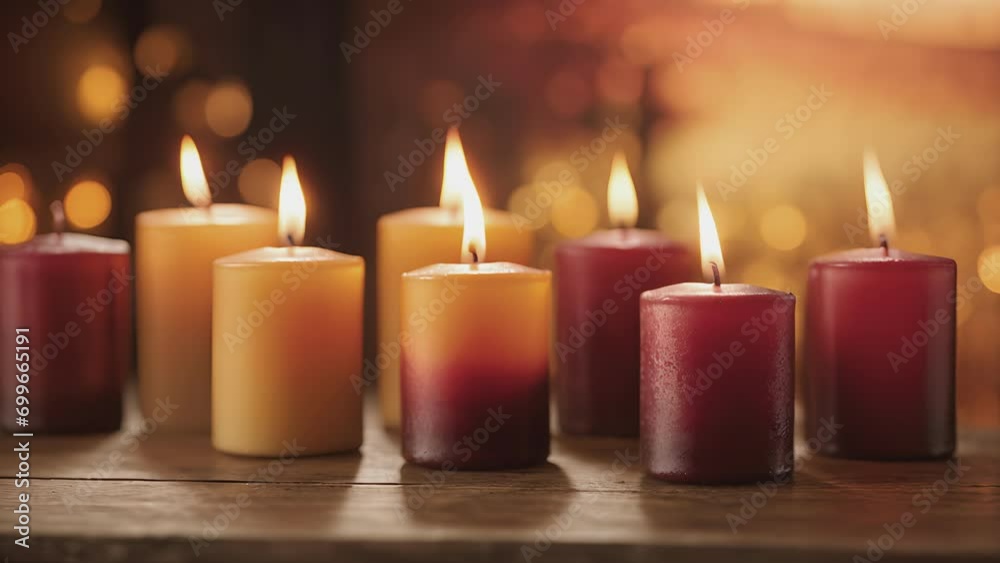 A set of pillar candles in shades of warm amber and deep burgundy, reminiscent of a sunset over a rolling countryside landscape. . A set of pillar candles in shades of warm amber and deep burgundy, reminiscent of a sunset over a rolling countryside landscape. .