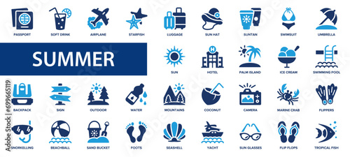 Summer flat icons set. Vacation, montain, beach, trip, travel, camping icons and more signs. Flat icon collection.