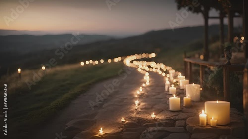 A winding trail of candles lighting the way to a picturesque setting, perfect for a candlelit dinner under the stars. .