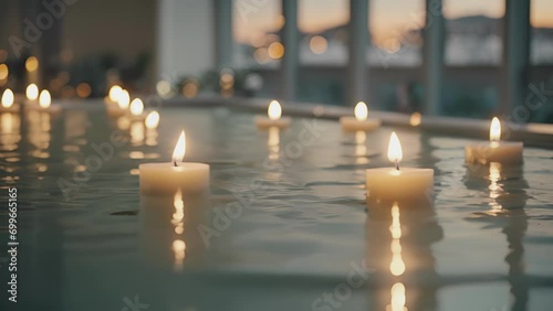 The serene sight of floating candles, their reflections ling on the calm surface of a bathtub, providing a peaceful escape from the chaos of daily life. . photo