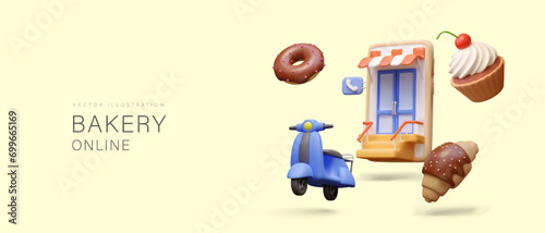 Advertising online bakery. Order by phone. Delivery around city. Delicious and beautiful sweets for everyday and festive menu. Smartphone with confectionery application