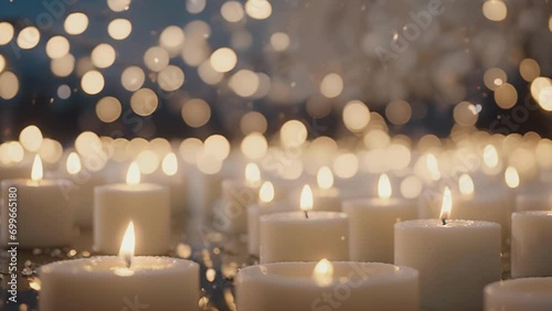 Bundles of white candles, varied in height, provide a soft and intimate ambiance as they light up the night, mirrored by the glimmering stars above. . photo