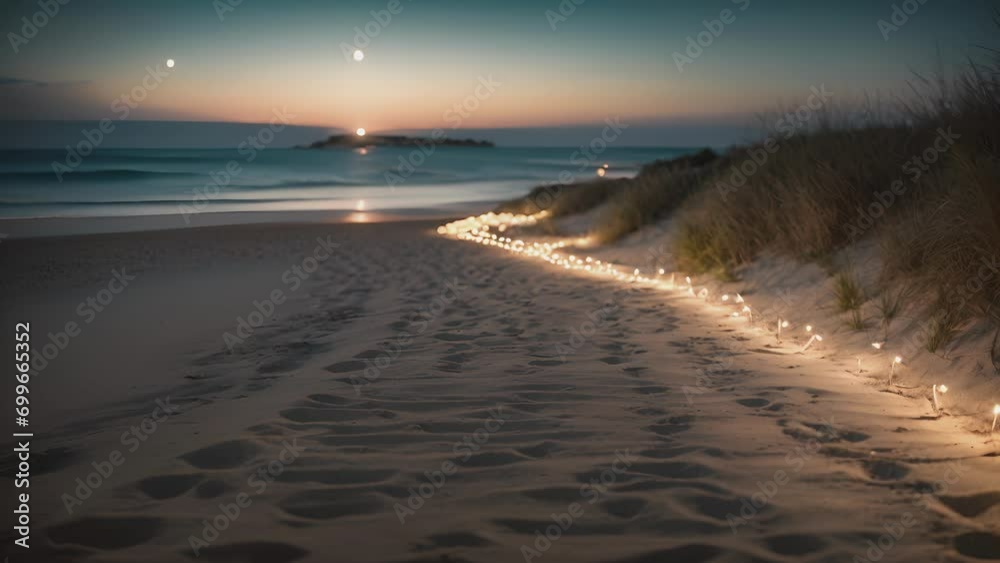 Twinkling fairy lights outline the beach path, leading to a romantic setting under the moonlit sky. . Twinkling fairy lights outline the beach path, leading to a romantic setting under the moonlit sky. .