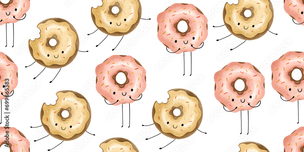 Obraz premium Cartoon donuts seamless pattern. Donut with glaze endless background