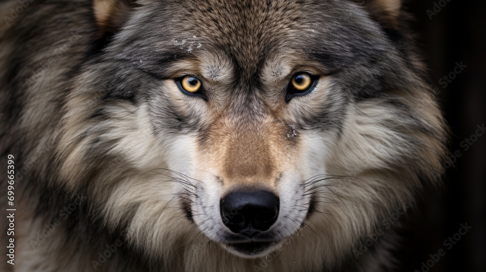 Timber wolf portrait. A close-up photo of a menacing wolf with a yellow eyes. Generative AI