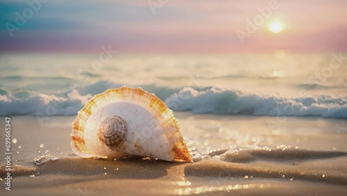 A single seashell rests on the wet sand, surrounded by the pastel hues of the setting sun reflected in the water in this intimate closeup. . photo