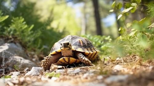 The Land turtle in its natural environment. A wild animal of Greece Hermanns tortoise. Generative AI photo