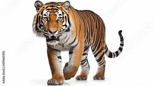 Tiger prowling  approaching and looking at the camera  isolated. Generative AI