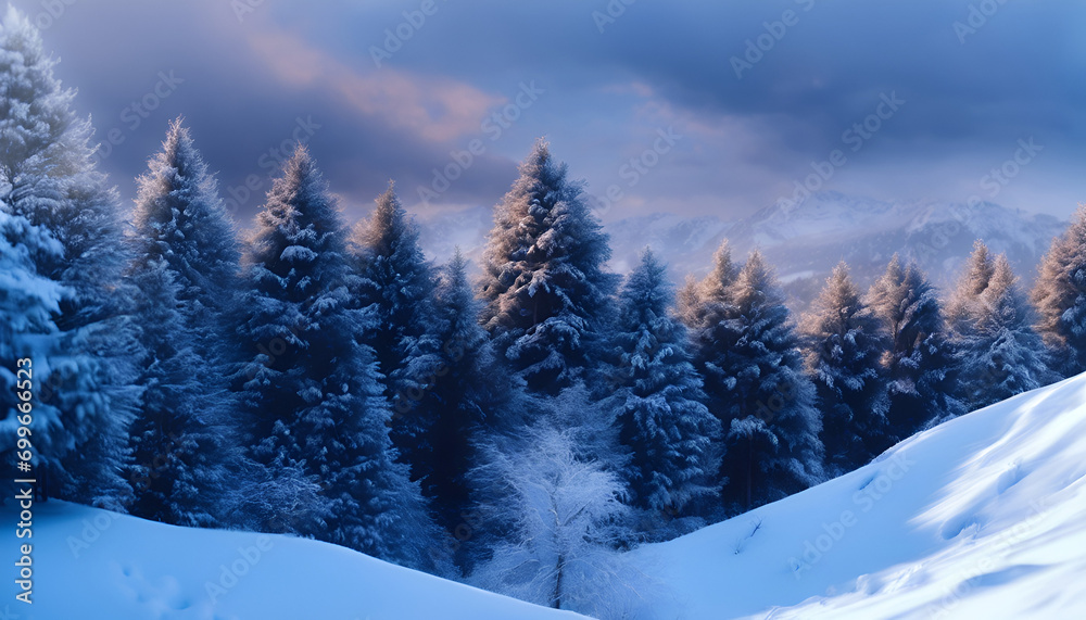 peaceful landscape in frost winter