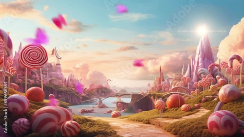 Candy Land landscape with pink butterflies 4k loop animation video. Candy planet