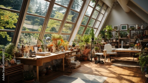 A beautiful photo of a bright room with big Windows with garden view
