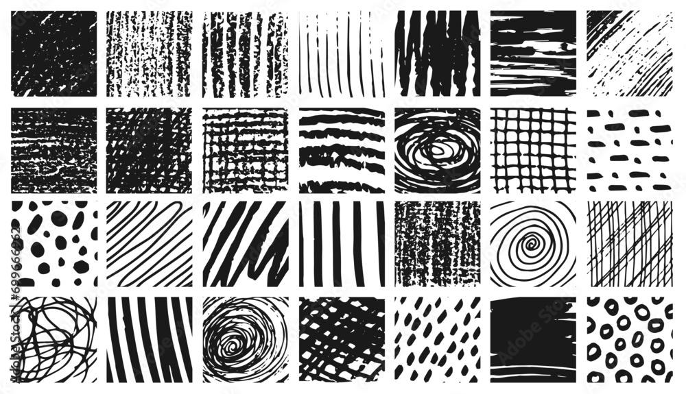 Vector set of scribble hatch textures. Grunge scrawls, charcoal scribbles, scratches, underline, circles and hatching effect. Each doodle element is united and isolated. - obrazy, fototapety, plakaty 