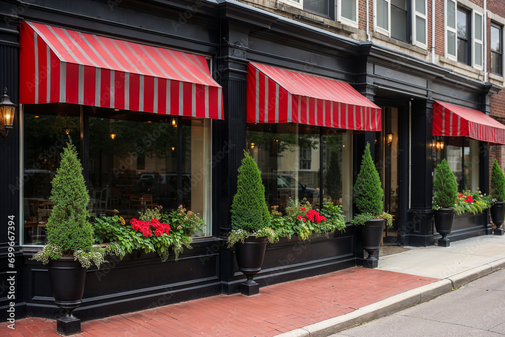 Traditional restaurant facade adorned with red-striped awnings and vibrant flower planters on a classic urban street