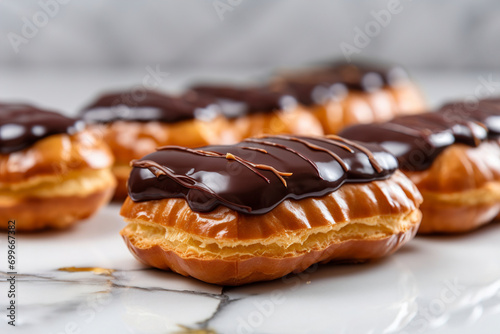 A close-up view of an eclair on a marble countertop. (Generative AI)