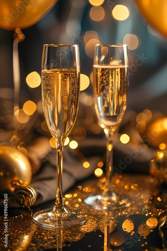 Two champagne glasses are on the table with gold glitter.