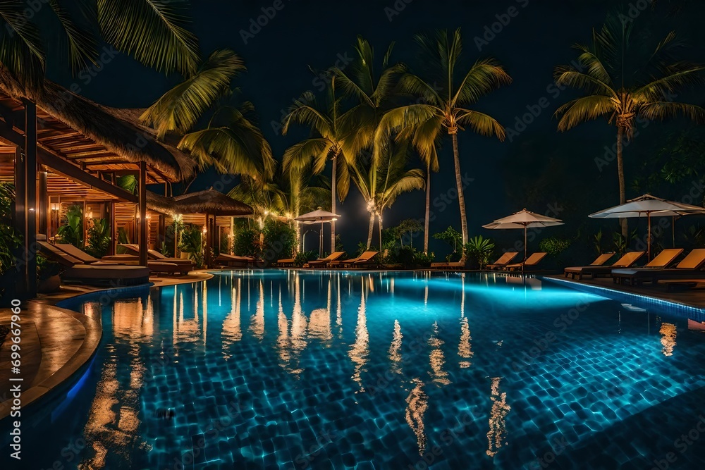 swimming pool at night with tree