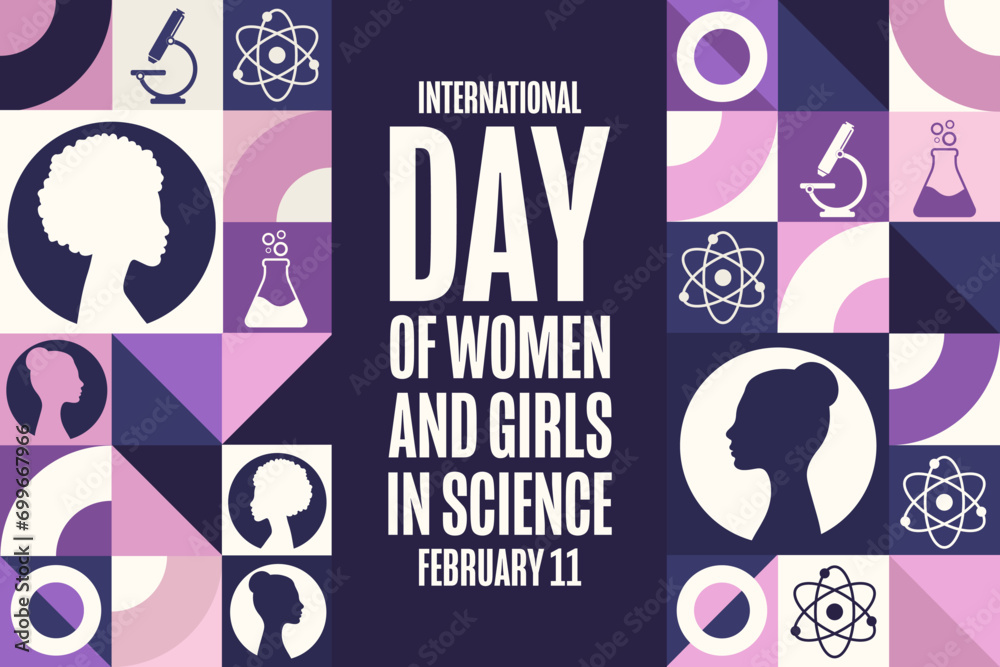 International Day of Women and Girls in Science. February 11. Holiday concept. Template for background, banner, card, poster with text inscription. Vector EPS10 illustration.