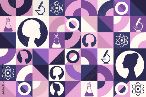 International Day of Women and Girls in Science. February 11. Seamless geometric pattern. Template for background, banner, card, poster. Vector EPS10 illustration.