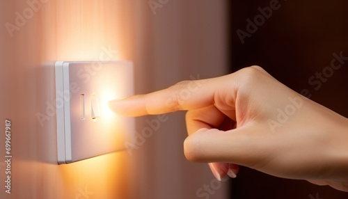 A finger turning off a light switch. Concept of energy conservation.