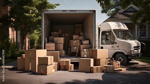 An open moving truck filled with cardboard boxes in the driveway of a suburban house © Ziyan Yang