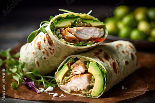 A close-up view of two chicken and avocado wraps served. (Generative AI)