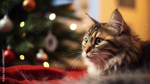 Close shot, a cute cat under the decorated Christmas tree in the living room