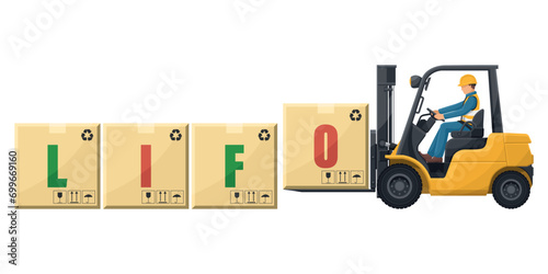 Industrial worker driving a forklift loading boxes. LIFO system. Last In, First Out. Inventory management method for product rotation in warehouse. Cargo and shipping logistics. industrial storage