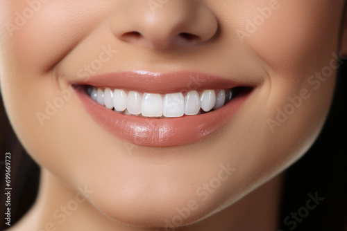 female smile with healthy white teeth close-up, health concept