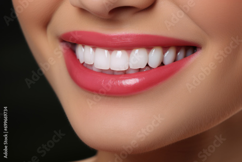 female smile with healthy white teeth close-up  health concept