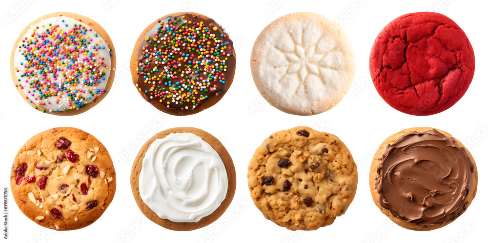 Collection of round cookie cookies biscuit, sprinkle and icing set, on transparent background cutout. PNG file. Many assorted different flavour. Mockup template for artwork design - obrazy, fototapety, plakaty 