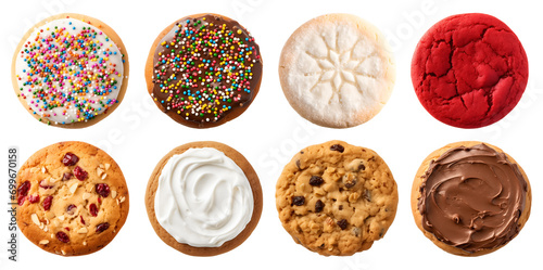 Collection of round cookie cookies biscuit, sprinkle and icing set, on transparent background cutout. PNG file. Many assorted different flavour. Mockup template for artwork design photo