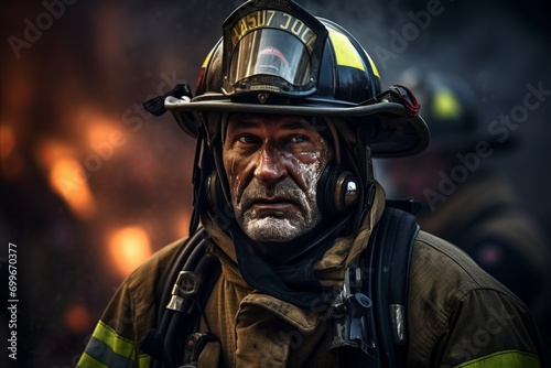 Courageous Firefighter Fearlessly Combating a Ferocious Blaze with Strength and Heroism