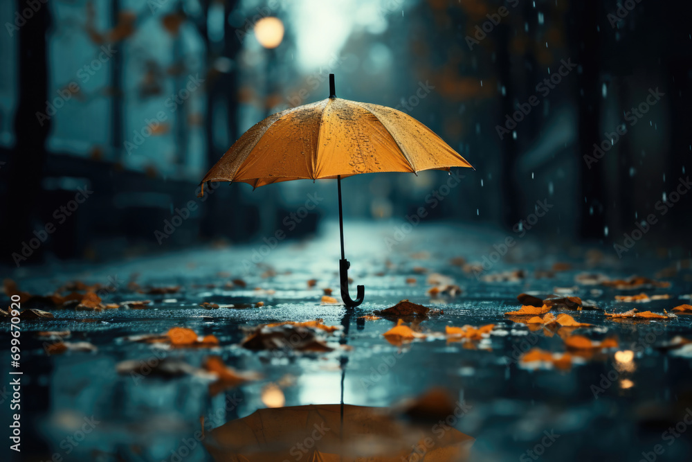Umbrella on the ground on a rainy autumn day, concept of loneliness, melancholy and depression