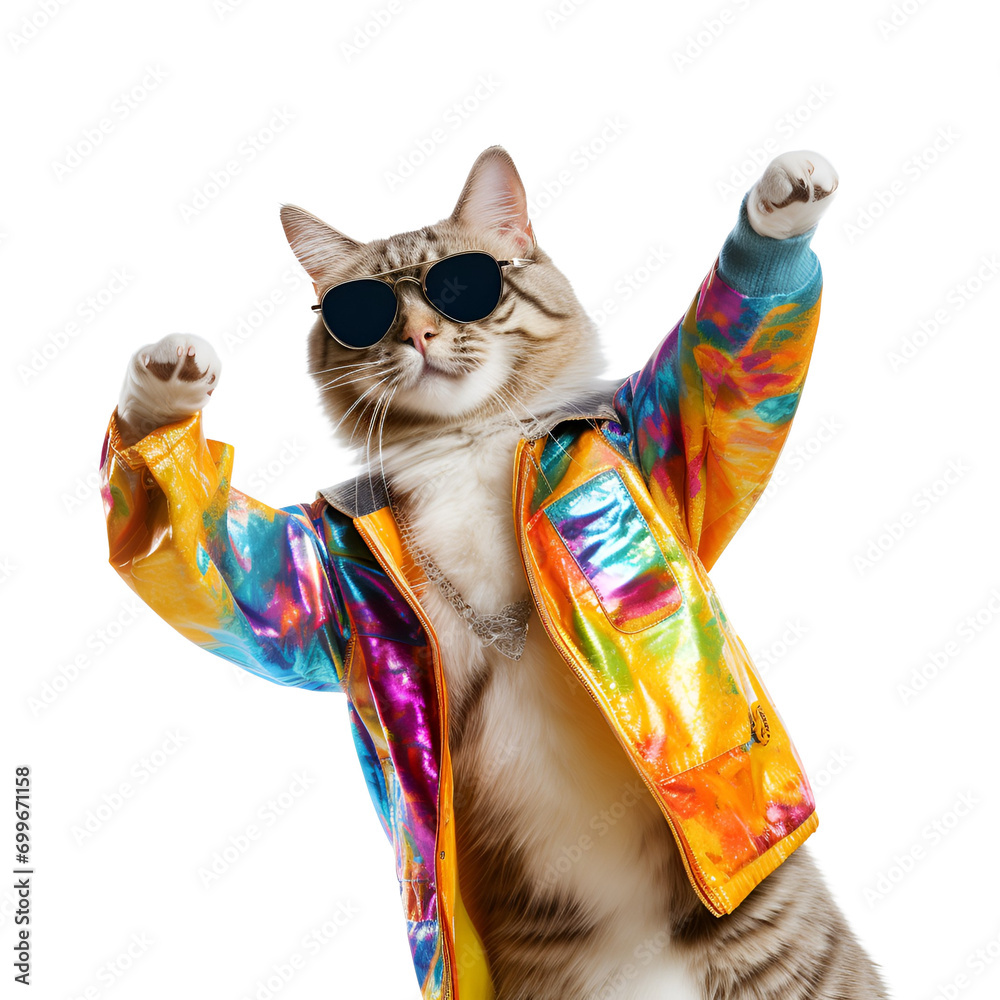Anthropomorphic Cat with Sunglasses Dancing in Colorful Clothes, Animal Persona, Isolated on Transparent Background, PNG