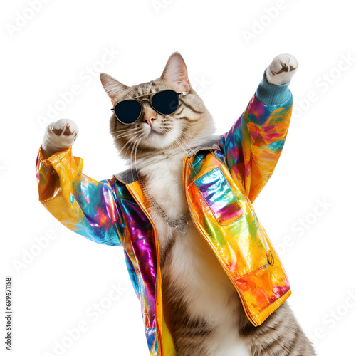 Anthropomorphic Cat with Sunglasses Dancing in Colorful Clothes  Animal Persona  Isolated on Transparent Background  PNG