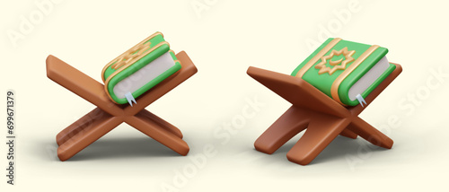 Collection of religious literature on wooden stage in different positions. Collection with Quran in green cover. Vector illustration in 3d style with warm background