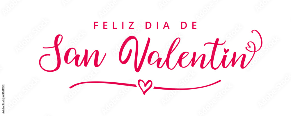 Feliz Dia de San Valentin elegant pink calligraphy. Happy Valentines Day text in spanish with heart divider. Hand drawn lettering. Valentine's Day vector typography  - obrazy, fototapety, plakaty 