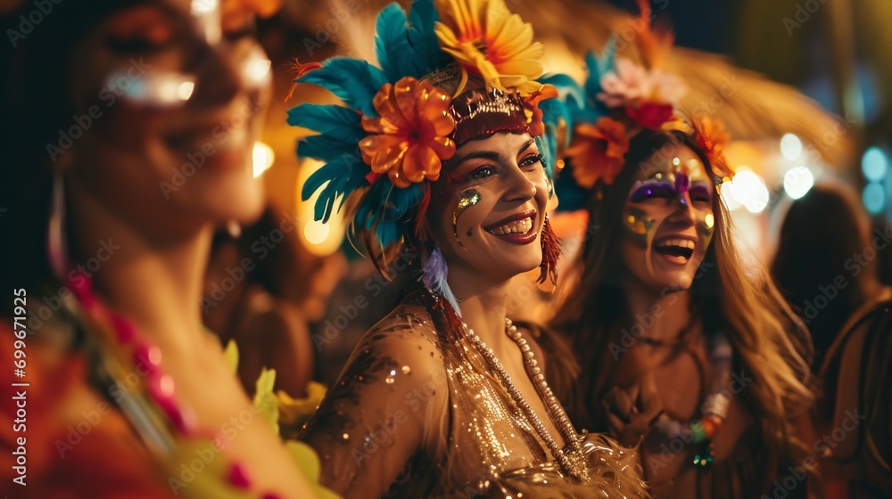Brazilian friends celebrate carnival and enjoy a whirlwind. Bright costumes, live music, dancing and a general atmosphere of joy and fun