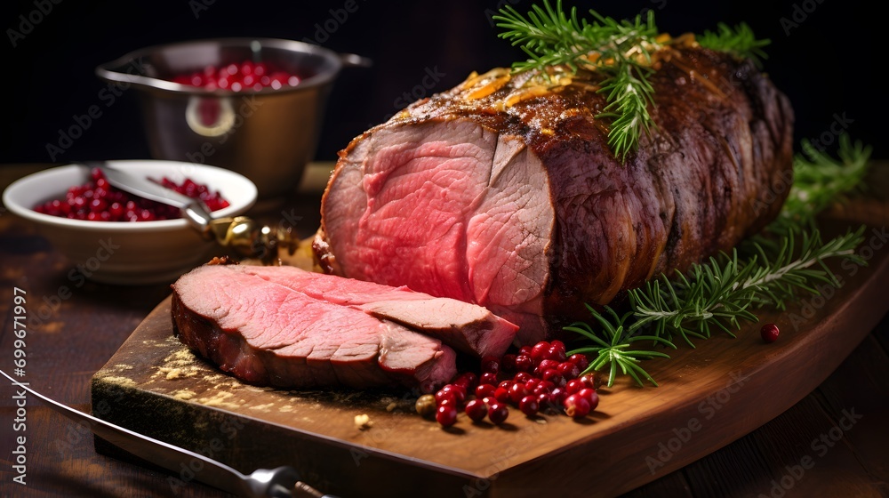Christmas prime rib beef fillet roasted closeup, Xmas menu on table - obrazy, fototapety, plakaty 