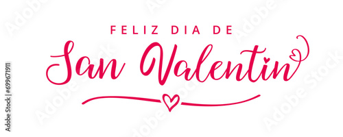 Feliz Dia de San Valentin elegant pink calligraphy. Happy Valentines Day text in spanish with heart divider. Hand drawn lettering. Valentine's Day vector typography 
