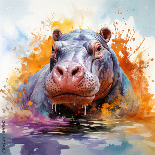 Watercolor colorful Hippopotamus Illustration, Generative Ai © Shopna Art